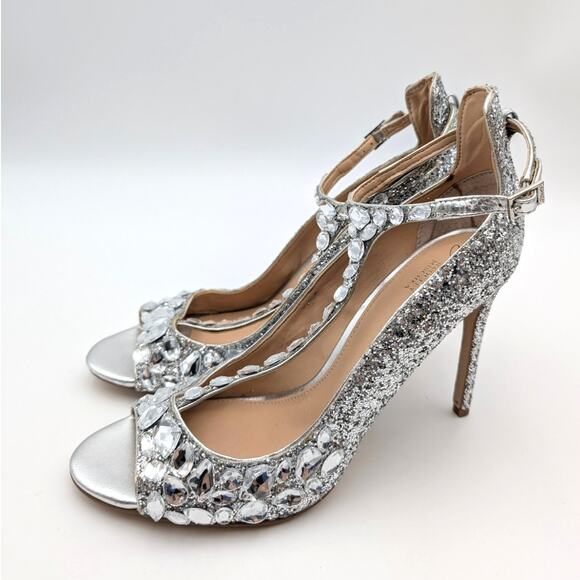 Jewel Badgley Mischka Conroy Metallic Glitter Heel Sandal Silver Size US8.5 EU39 - Picture 1 of 10